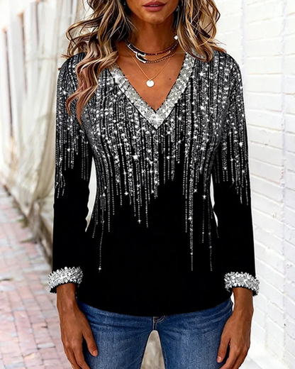 Camisa fluida com decote em V e detalhes brilhantes para mulher