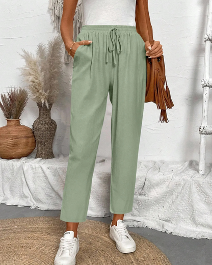 Calças Capri de algodão e linho para mulher