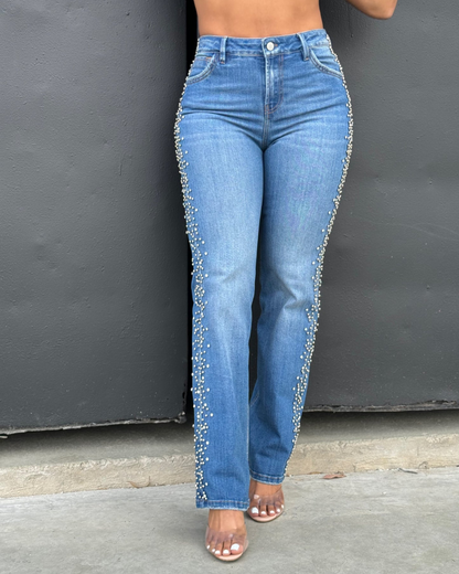Calças de Ganga Direitas com Pérolas e Cristais na Lateral