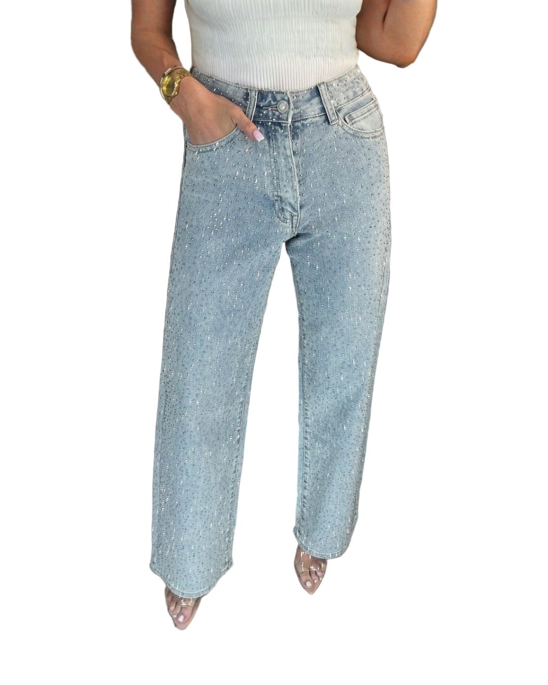 Calças de Corte Reto e Cintura Subida com Pormenores Brilhantes para Mulher