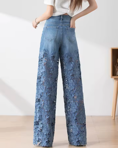 Calças de ganga de cintura média para mulher com botões e remendos de renda