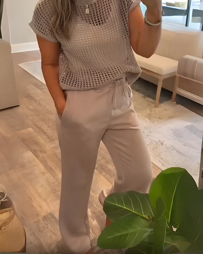 Conjunto de camisa e calças de malha em croché para mulher