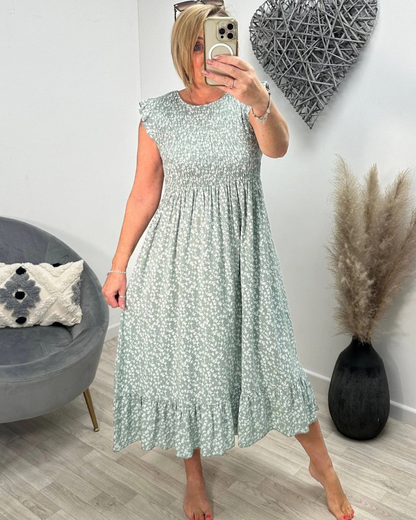 Vestido com estampado floral, cintura alta e mangas curtas para mulher