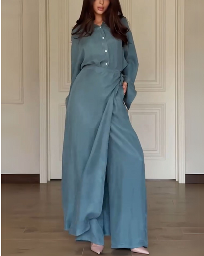 Conjunto Casual de Duas Peças com Camisa e Saia e Calças