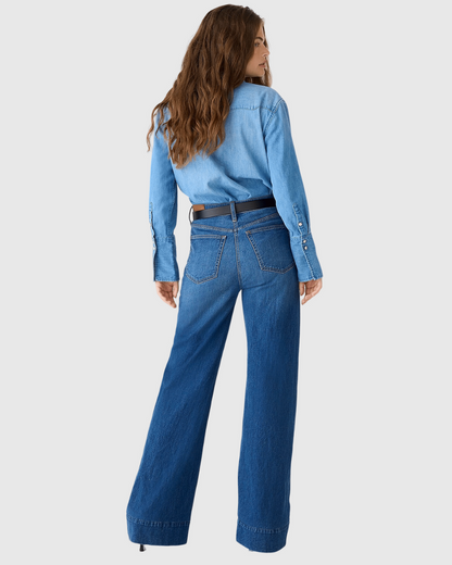 Calças de Ganga de Perna Larga de Cintura Subida com Controlo da Barriga