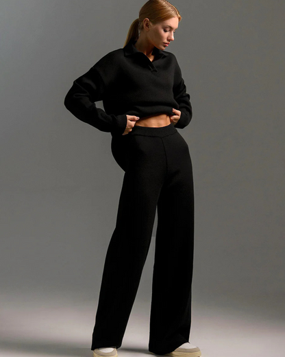 Conjunto de 2 Peças para Mulher, Hoodie com Gola tipo Polo e Calças de Perna Larga