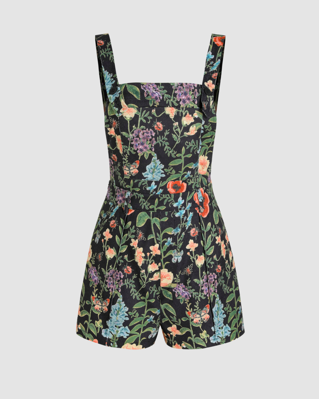 Macacão de Veludo Cotelê com Estampa Floral e Botões Frontais