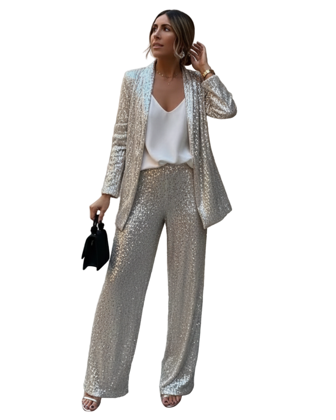 Conjunto de Lantejoulas Blazer e Calças Largas para Mulher