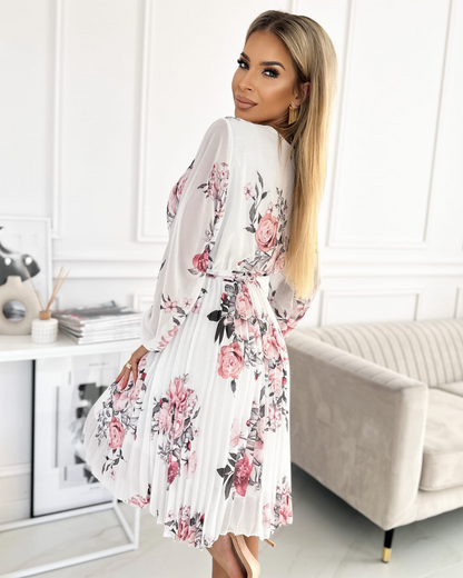 Vestido branco floral para mulher com decote em V e cinto