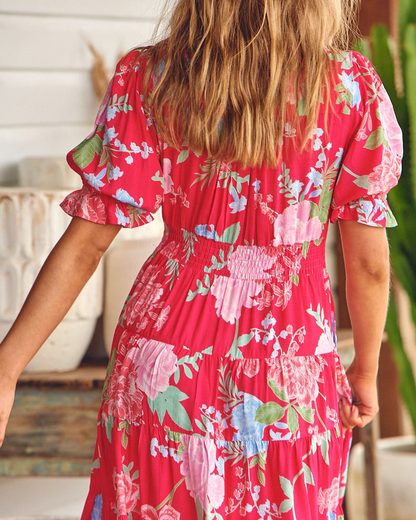 Vestido comprido com decote em V e mangas elásticas