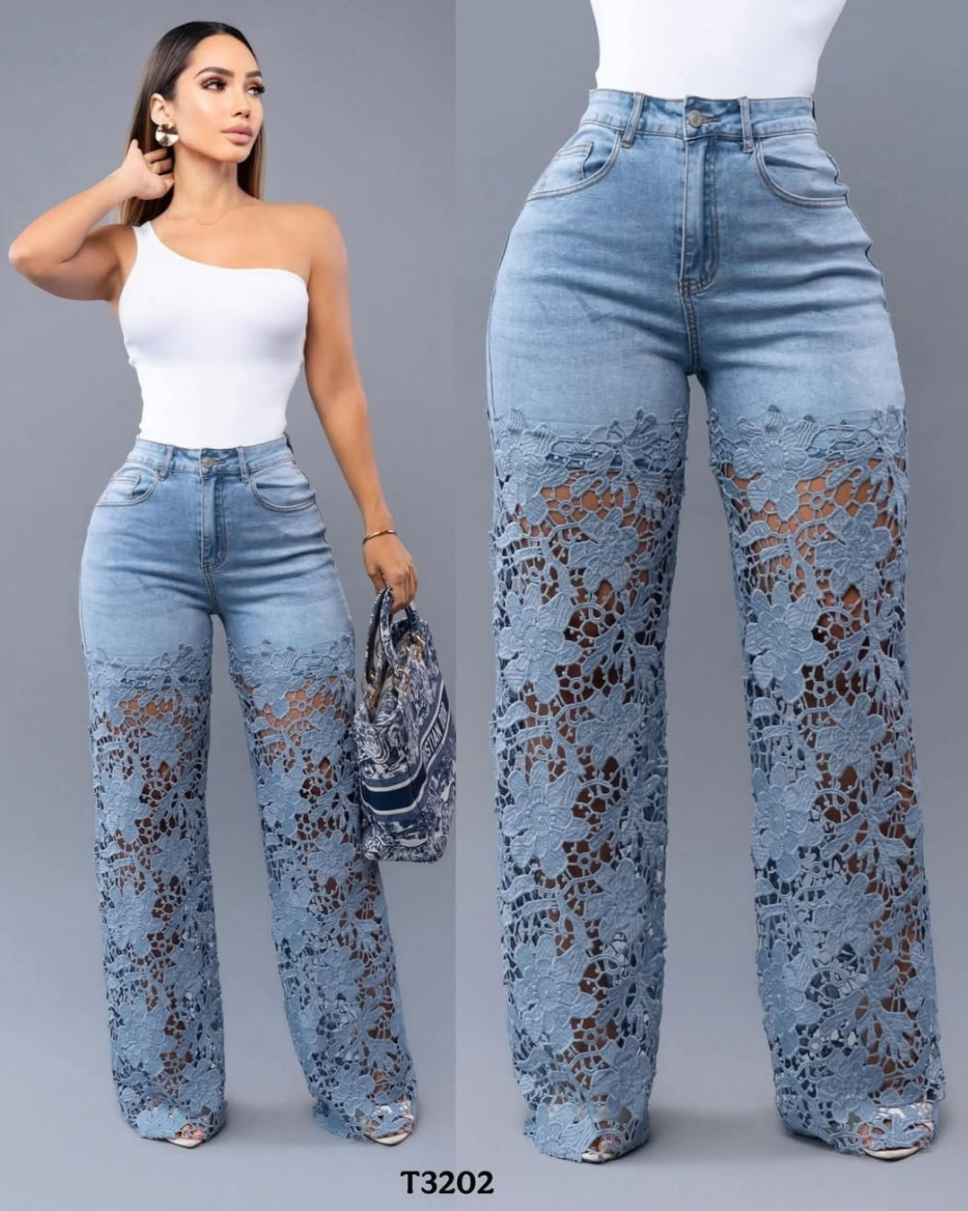 Calças de ganga para mulher com renda floral nas pernas