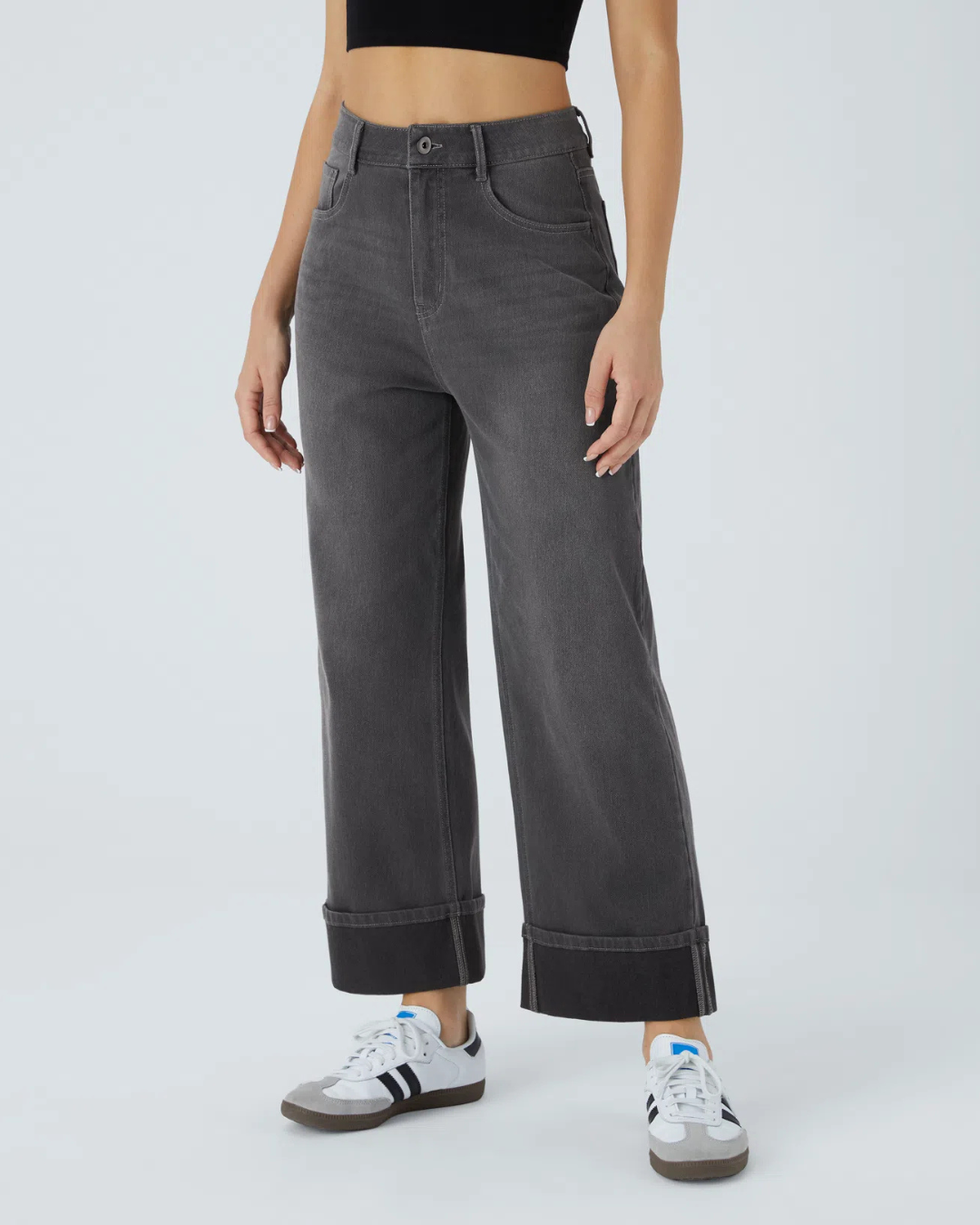 Calças Lavadas com Elástico, Bainha Enrolada, Cintura Alta, Vários Bolsos, Perna Larga