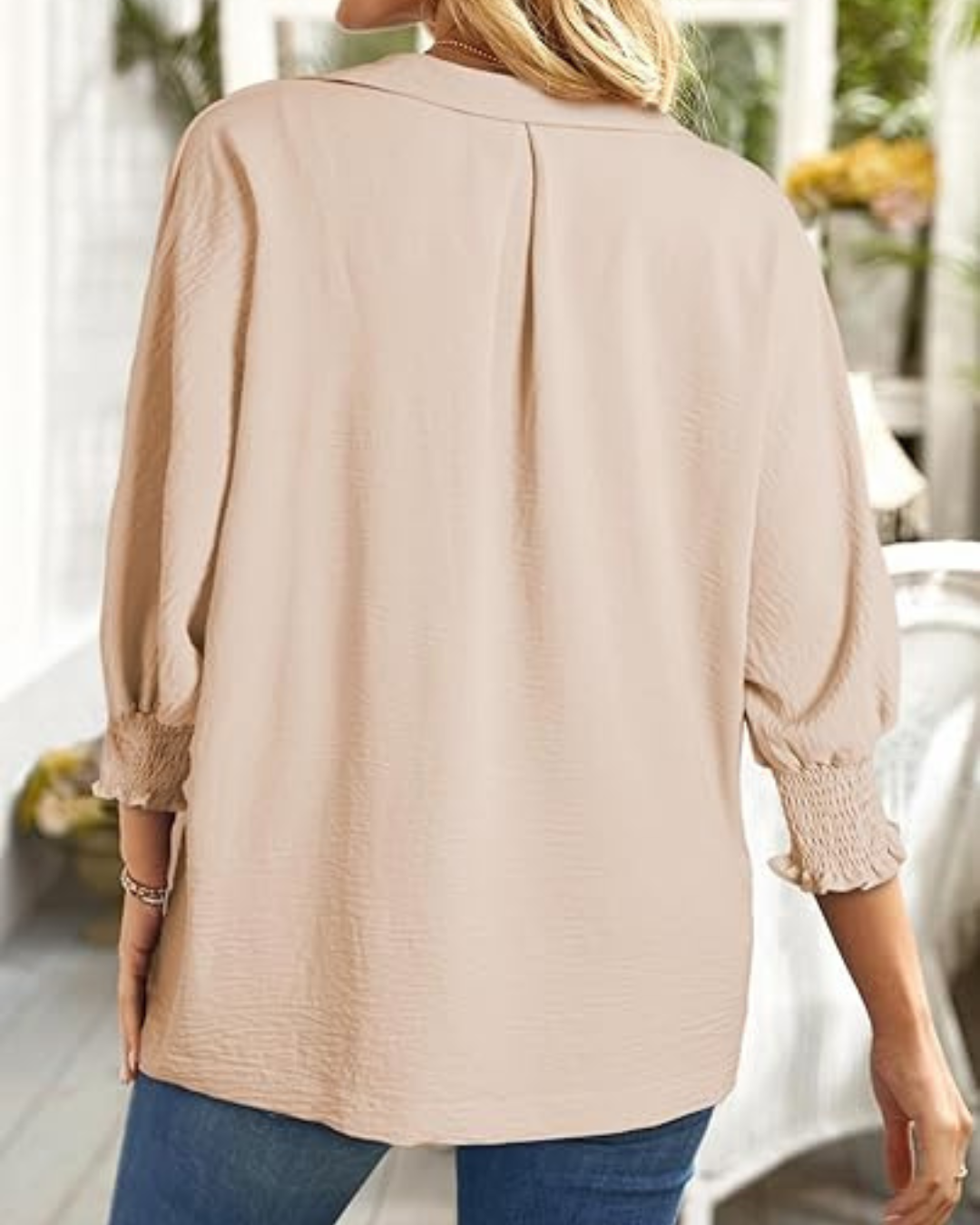 Blusa casual feminina com decote em V e manga 3/4, folgada e justa