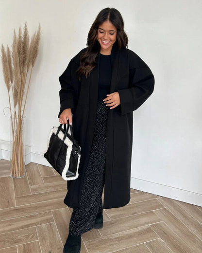 Casaco Comprido com Bolsos à Frente e Estilo Elegante