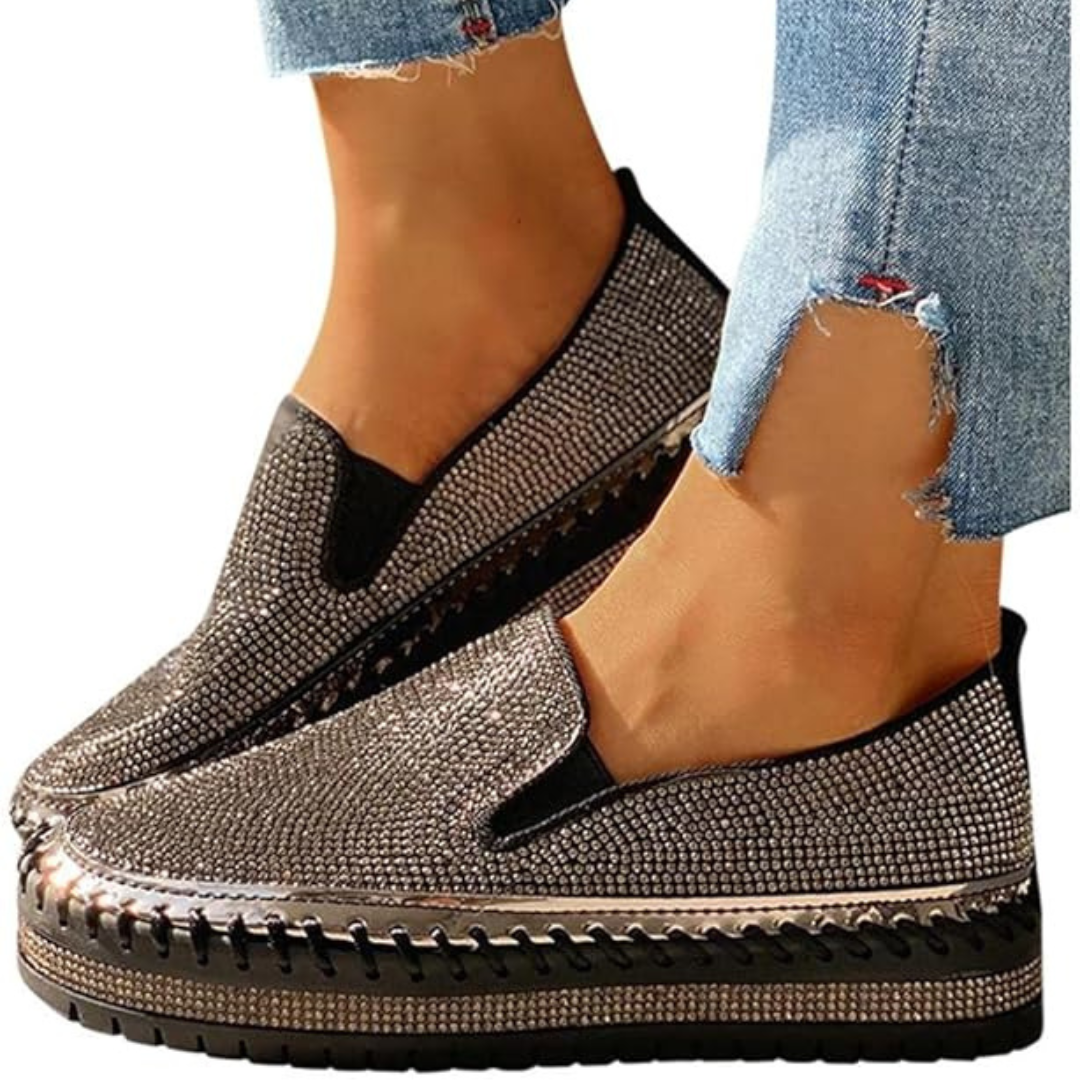 Sapatos slip-on respiráveis para mulher com plataforma e strass