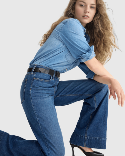 Calças de Ganga de Perna Larga de Cintura Subida com Controlo da Barriga