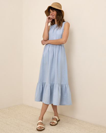 Vestido de Linho sem Mangas para Mulher com Folhos Claros