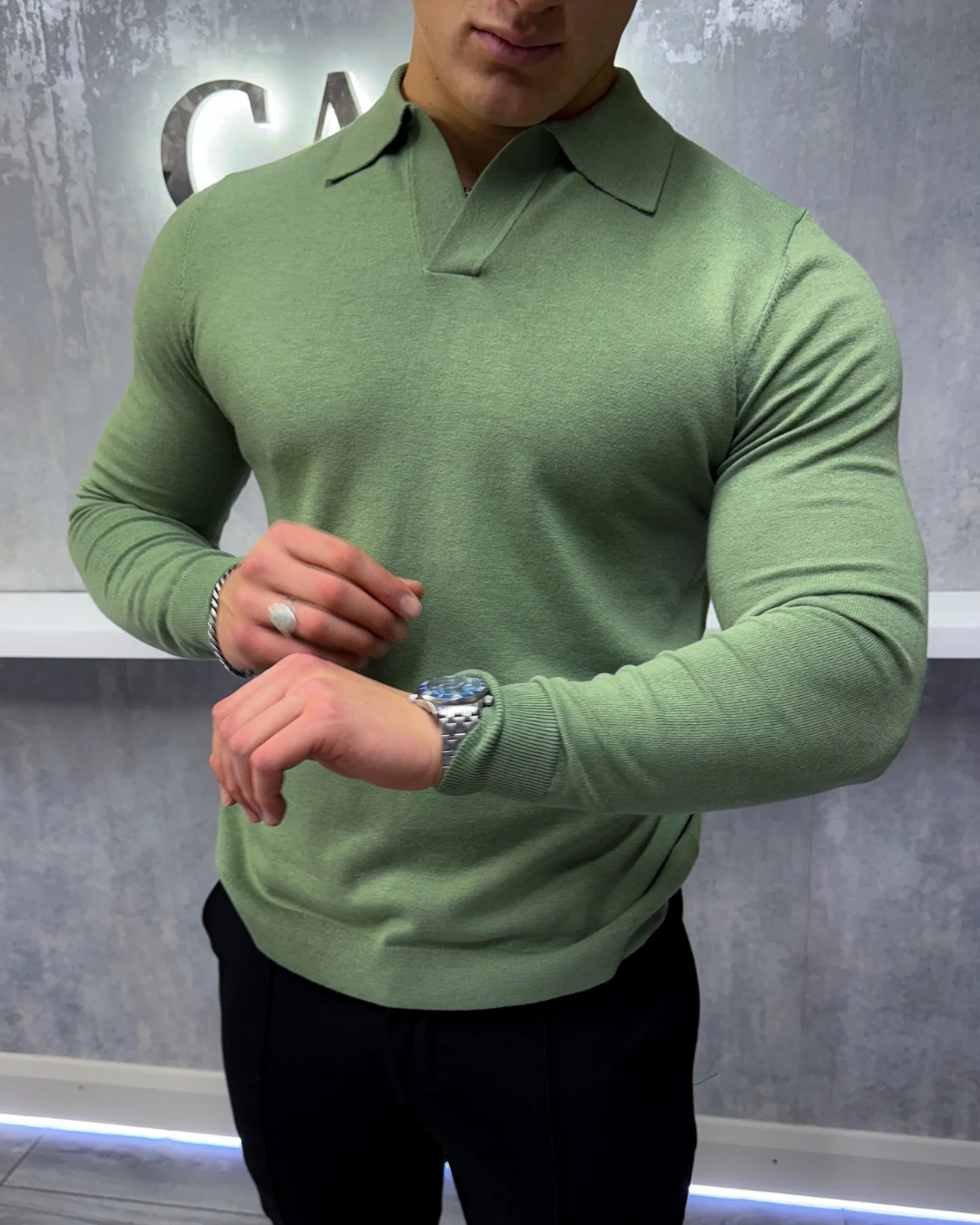 Polo de manga comprida suave e respirável para homem