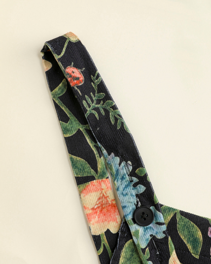 Macacão de Veludo Cotelê com Estampa Floral e Botões Frontais