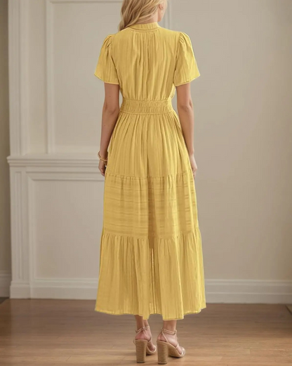 Vestido longo para mulher com manga curta, decote em V e cintura elástica