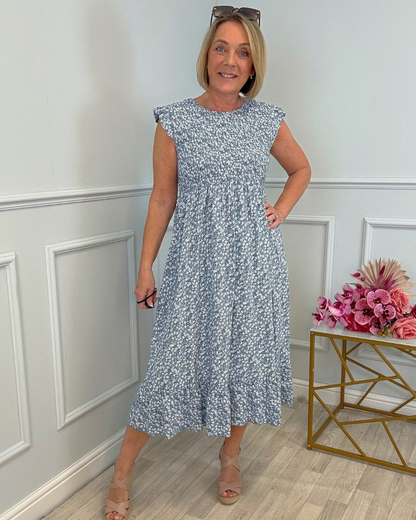 Vestido com estampado floral, cintura alta e mangas curtas para mulher