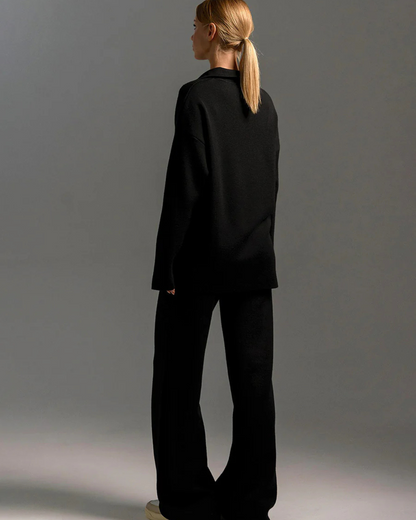 Conjunto de 2 Peças para Mulher, Hoodie com Gola tipo Polo e Calças de Perna Larga