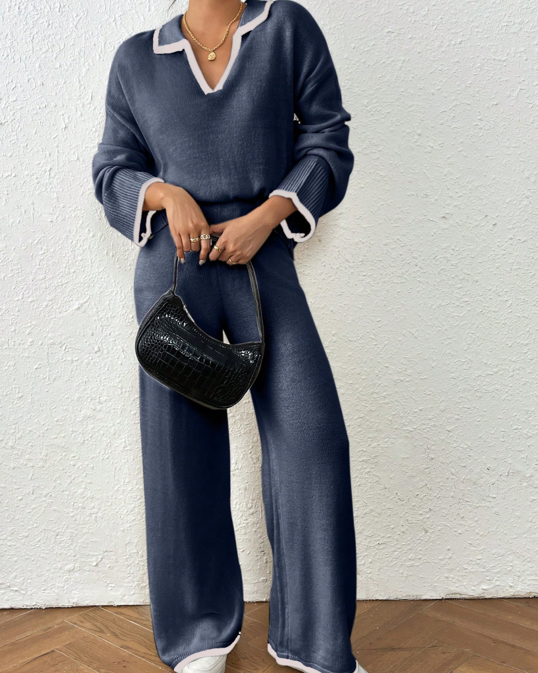 Conjunto de Camisola e Calças de Malha de 2 Peças com Acabamento em Cor Contrastante