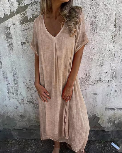 Vestido midi com decote em V em algodão e linho