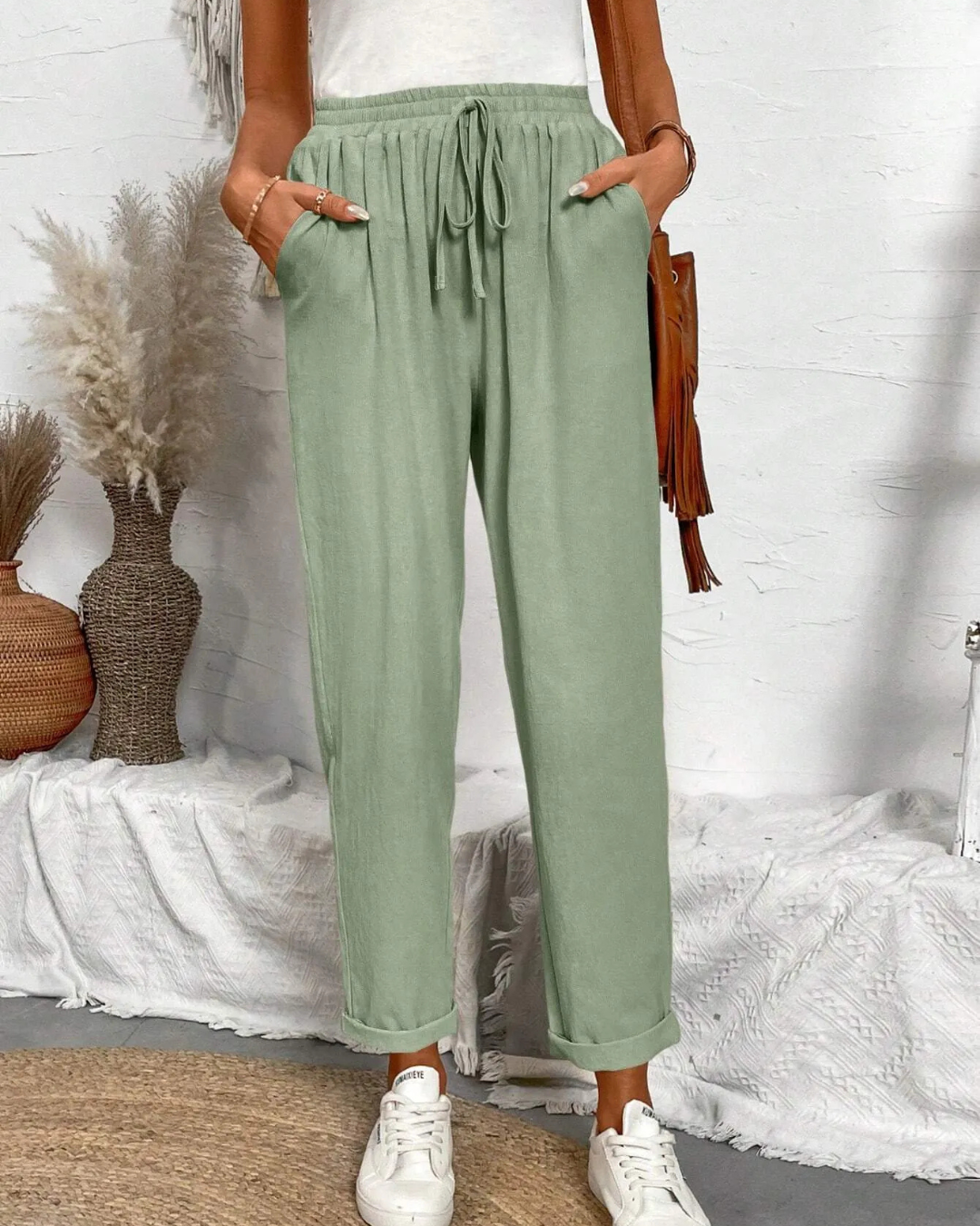 Calças Capri de algodão e linho para mulher