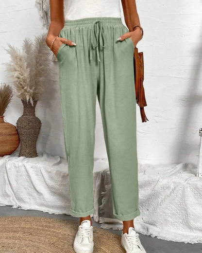 Calças Capri de algodão e linho para mulher