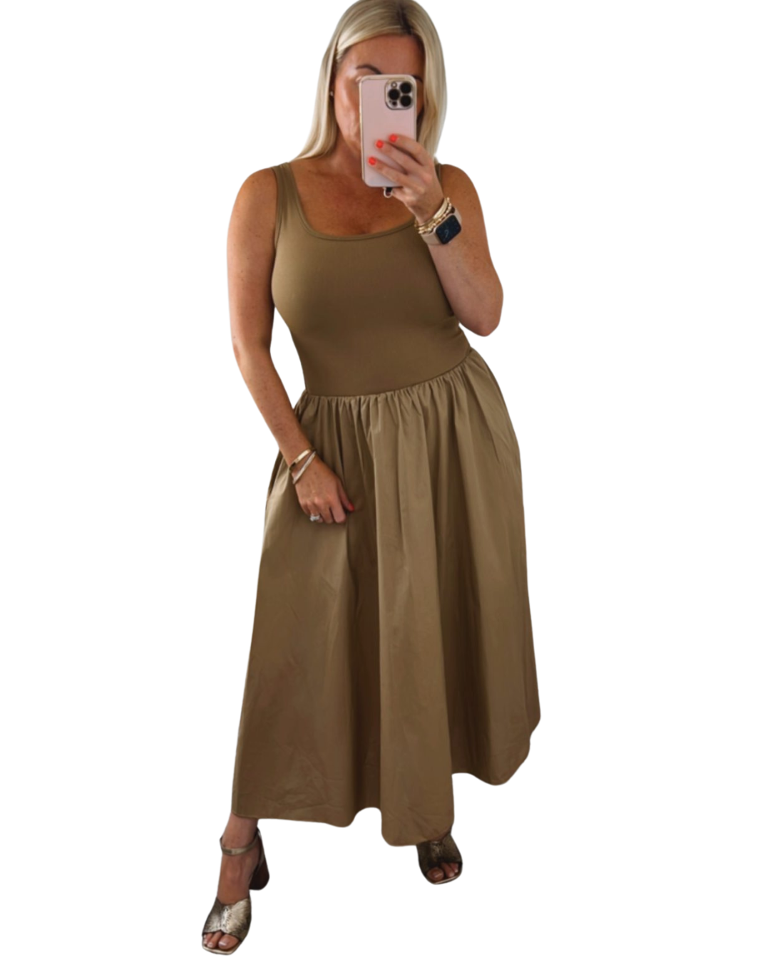 Vestido Comprido Sem Mangas com Corte na Cintura e Saia Larga para Mulher