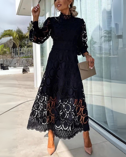 Vestido longo de renda com mangas estilo farol