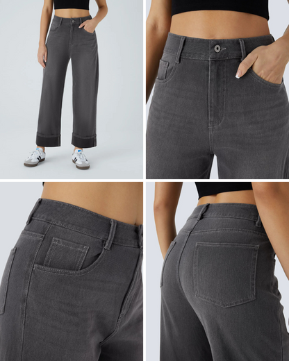 Calças Lavadas com Elástico, Bainha Enrolada, Cintura Alta, Vários Bolsos, Perna Larga