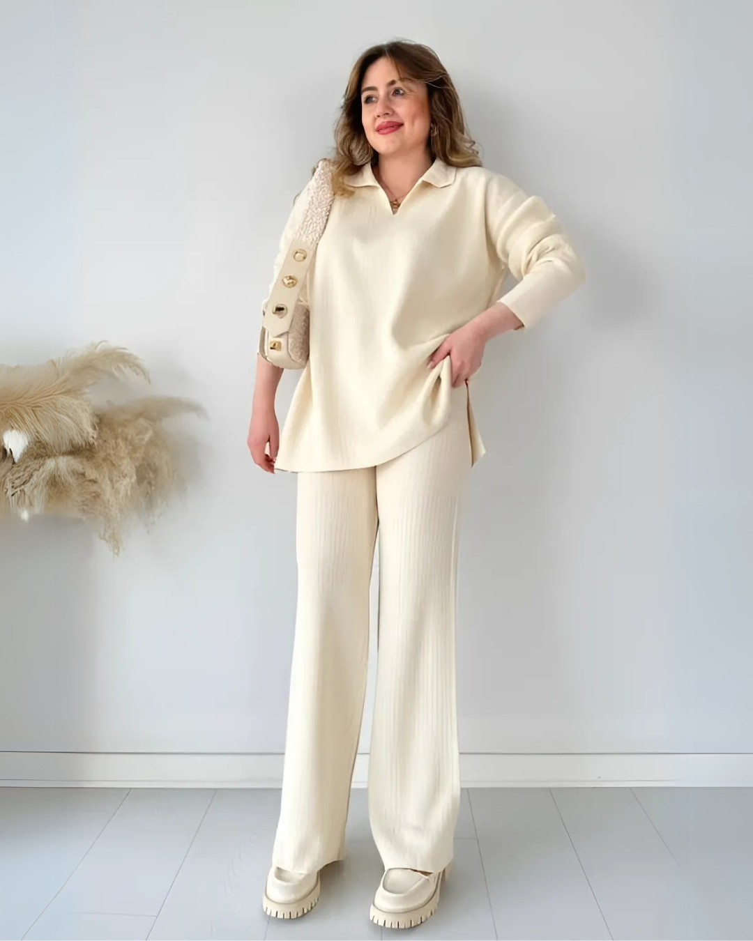 Conjunto Casual de Camisola de Malha de Manga Comprida e Calças Largas