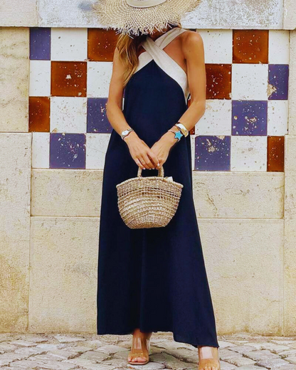 Vestido longo elegante com decote cruzado sem mangas para mulher