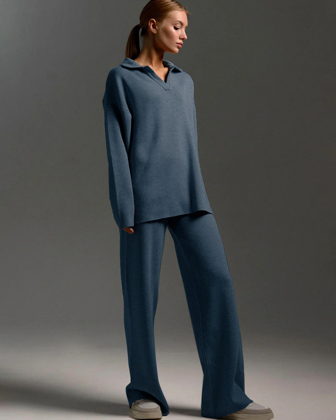 Conjunto de 2 Peças para Mulher, Hoodie com Gola tipo Polo e Calças de Perna Larga