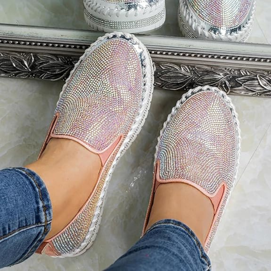 Sapatos slip-on respiráveis para mulher com plataforma e strass