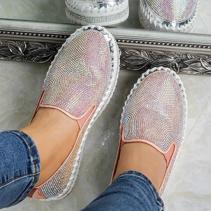 Sapatos slip-on respiráveis para mulher com plataforma e strass