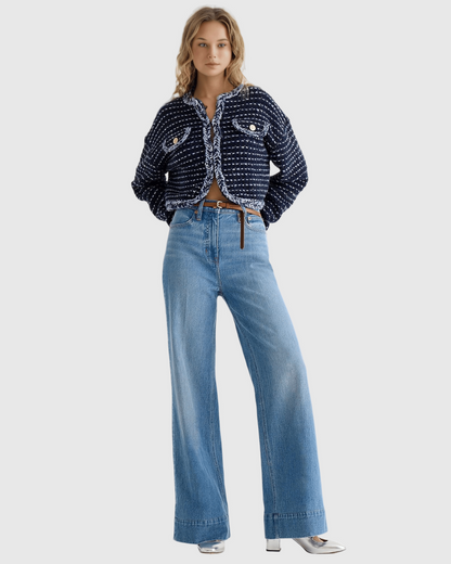 Calças de Ganga de Perna Larga de Cintura Subida com Controlo da Barriga