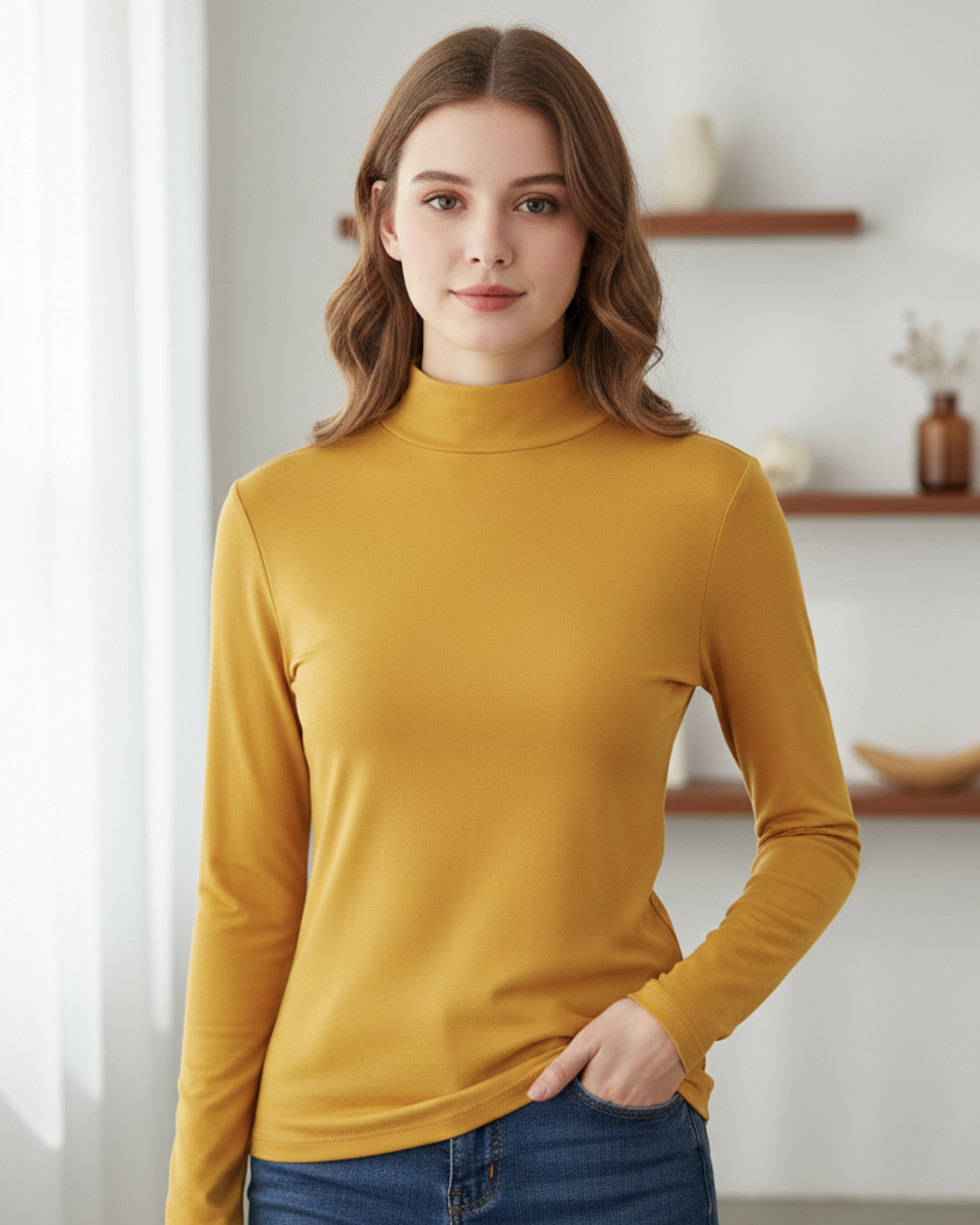 Camisola de manga comprida com gola alta para mulher