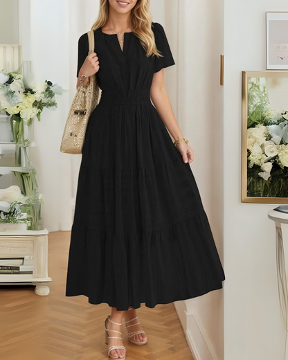 Vestido longo para mulher com manga curta, decote em V e cintura elástica