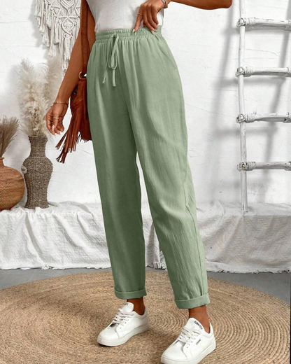 Calças Capri de algodão e linho para mulher