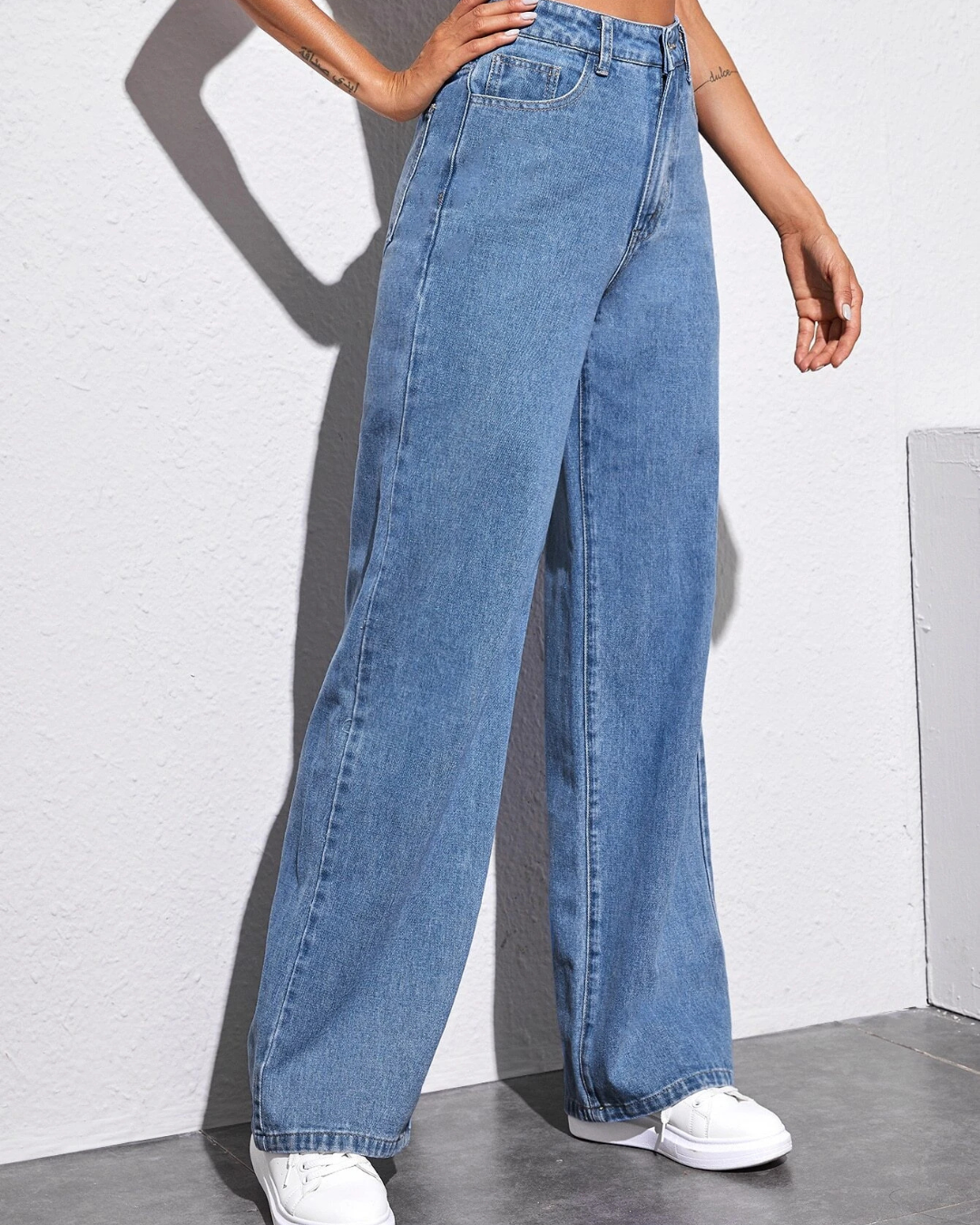 Calças de Ganga Leves de Perna Larga com Cintura Alta e Estilo Descontraído