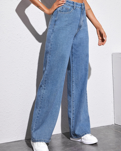 Calças de Ganga Leves de Perna Larga com Cintura Alta e Estilo Descontraído