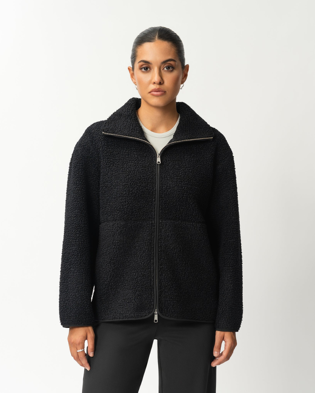 Casaco de Lã com Fecho de Correr à Frente e Gola Alta