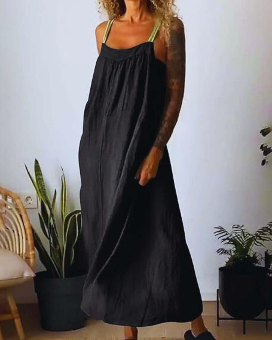 Vestido longo de linho para mulher com alças finas