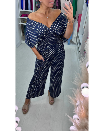 Macacão de Linho Leve com Estampado de Bolas e Design Confortável