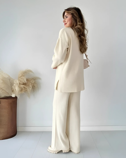 Conjunto Casual de Camisola de Malha de Manga Comprida e Calças Largas