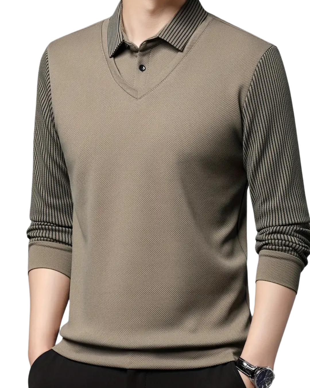 Camisa de Duas Peças com Falsa Gola Listrada para Homens