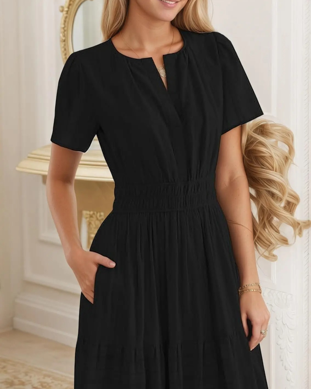 Vestido longo para mulher com manga curta, decote em V e cintura elástica